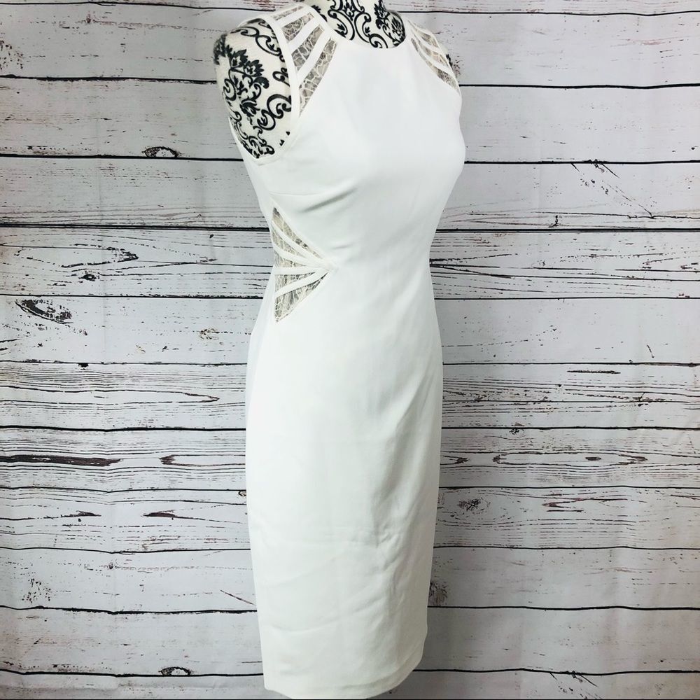 Halston Heritage Lace Trim Cutouts Inset Sleeveless Sheath Dress White 0
